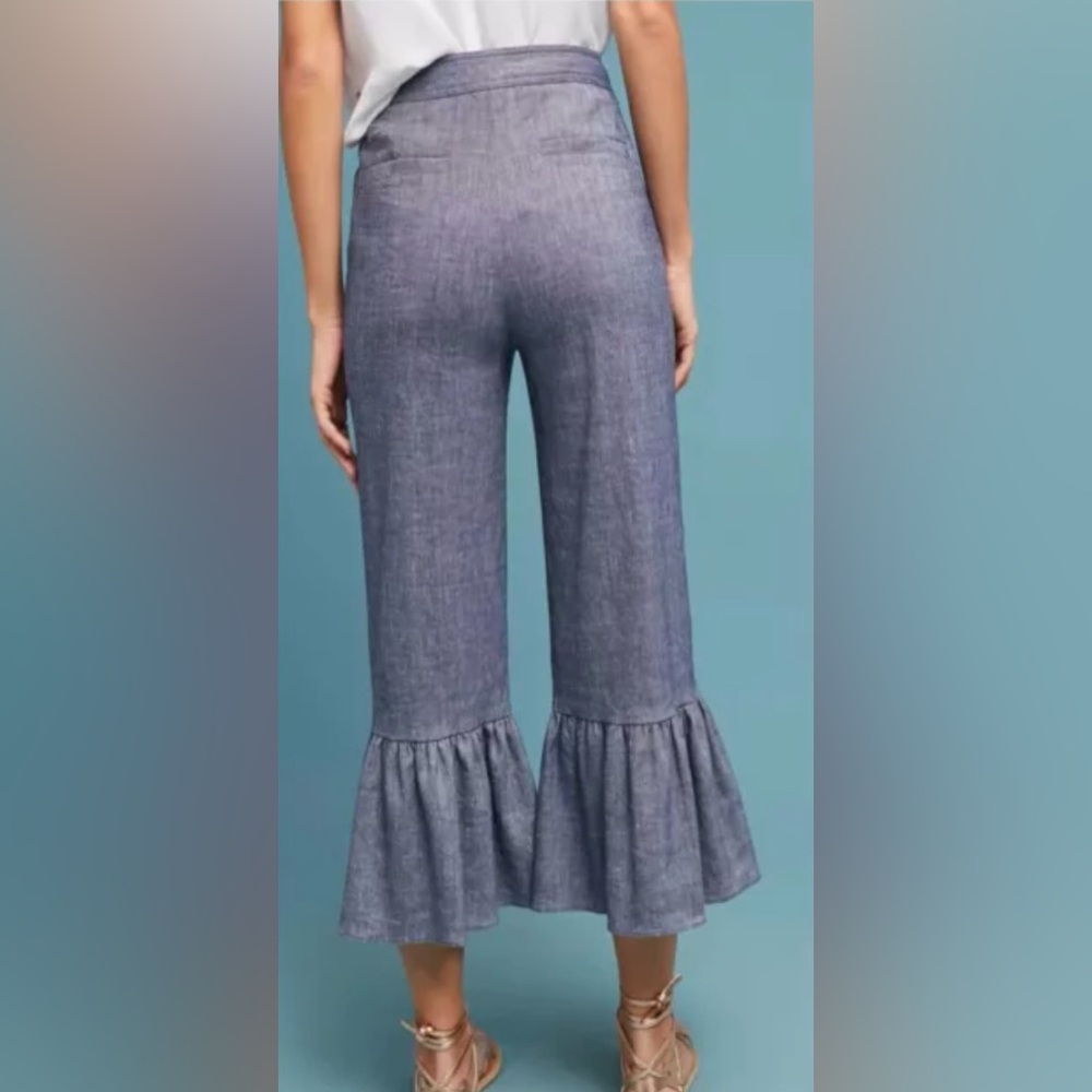 Anthropologie Ett Twa Chambray Linen Ruffle Crop Pants - Picture 4 of 16